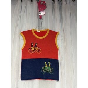 Sears Growing Girl Knit Top Girls Large 14 Colorblock Bicycle Graphic VTG